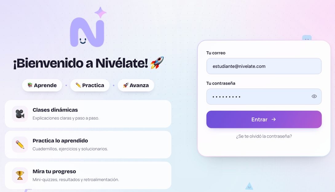 Pantalla para entrar a la plataforma Nivélate con correo y contraseña